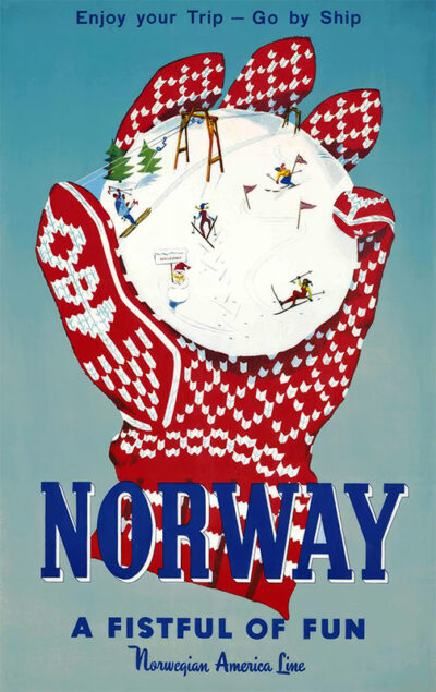 product-image A knitted red mitten features a snowy scene of people skiing and sledding inside; text reads NORWAY A Fistful of Fun - Norwegian America Line. This charming Norway travel poster captures the spirit of 1956 winter adventures. Poster print available in A1 to A4 sizes.