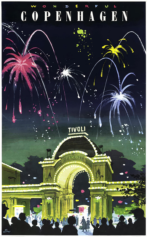 product-image Vintage Travel Poster of Tivoli Gardens, Copenhagen, at night, with colourful fireworks and silhouettes of people. The text reads Wonderful Copenhagen. A charming glimpse into the city’s 1960 atmosphere. Poster print available in A1 to A4 sizes.