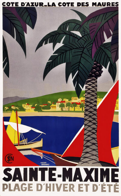 Vintage 1936 travel poster featuring palm trees, sailboats, and a seaside village, promoting Sainte-Maxime on the Côte d’Azur as a year-round beach destination. Poster print available in A1 to A4 sizes.