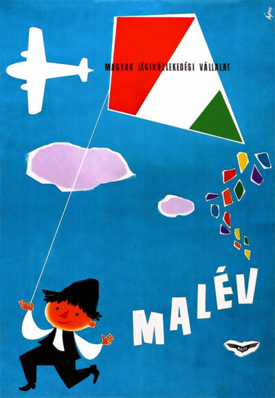 A child flies a kite with Hungary’s flag colours, while a white airplane soars above on a blue background. This vintage travel poster features the text Malév and Magyar Légiközlekedési Vállalat for Hungarian Airlines. Poster print available in A1 to A4 sizes.