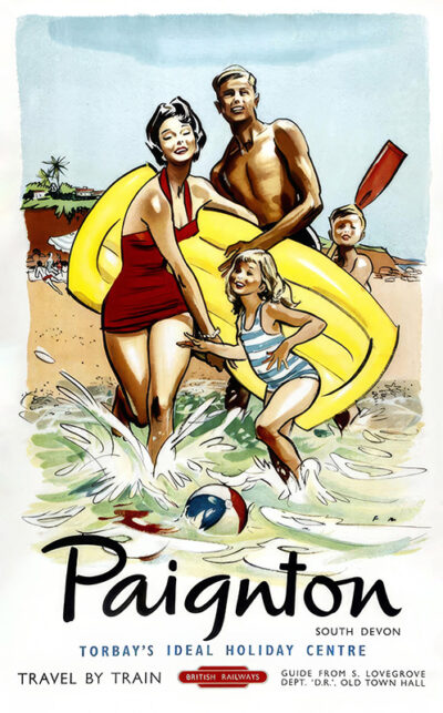 Vintage poster showing a smiling family at the beach in Paignton with an inflatable raft and beach ball. Text promotes South Devon’s beautiful Torbay as a holiday destination easily reached by train. Poster print available in A1 to A4 sizes.