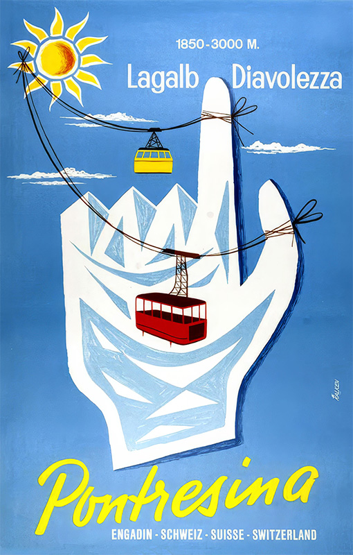 product-image Retro poster featuring a white hand shape with cable cars traveling between mountain peaks under a bright sun, advertising Lagalb and Diavolezza in the stunning Engadin region near Pontresina, Switzerland. Poster print available in A1 to A4 sizes.