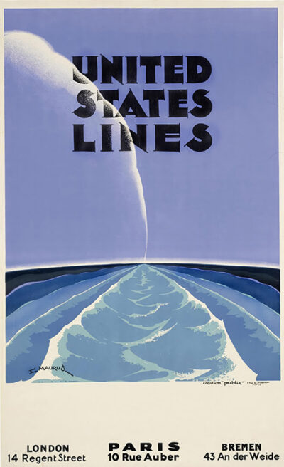 Art deco travel poster by Edmond Maurus for United States Line shows a ship’s wake on the ocean beneath a large moon, with contact addresses for London, Paris, and Bremen at the bottom. Poster print available in A1 to A4 sizes.
