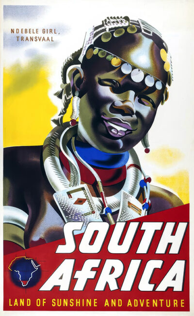 Vintage travel poster featuring a smiling Ndebele girl adorned in traditional jewelry, with bold text reading Transvaal South Africa: Land of Sunshine and Adventure. Poster print available in A1 to A4 sizes.