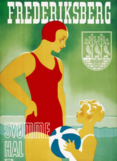 Vintage 1938 poster of a woman and child in swimwear by a pool, featuring Frederiksberg Svømmehal, Denmark travel text, and a city crest in the background. Poster print available in A1 to A4 sizes.