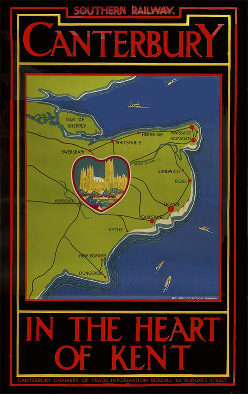 A vintage Southern Railway poster shows a map of Kent with Canterbury highlighted in a heart at the centre and coastal towns marked around. Text reads: Canterbury In The Heart of Kent. Poster print available in A1 to A4 sizes.