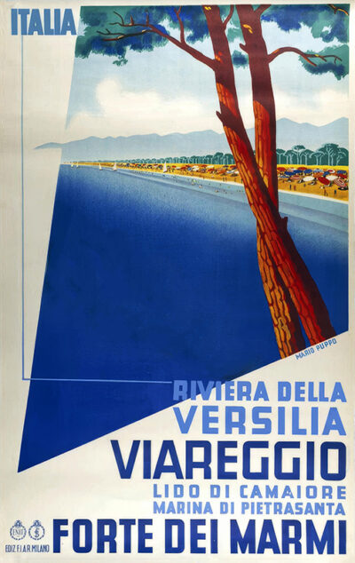 Vintage 1934 Viareggio Travel Poster for Viareggio and Forte dei Marmi in Italy, featuring a stylized beach scene with trees, sand, and sea under a blue sky. Text highlights Mario Riviera della Versilia. Poster print available in A1 to A4 sizes.