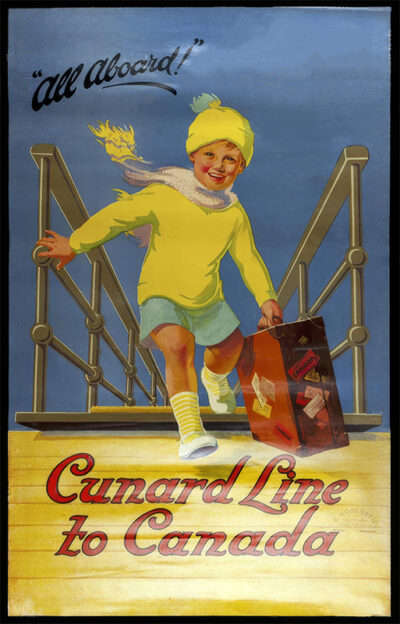 A child in yellow winter clothes and hat carries a suitcase while walking up a ship’s gangway. Text reads All aboard! and Cunard Line to Canada, capturing the spirit of adventure in this vintage travel poster for Canada travel. Poster print available in A1 to A4 sizes.