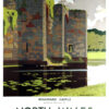Vintage North Wales travel poster of Beaumaris Castle by a waterway, with stone walls and arches, inviting you to enjoy memorable holidays via London Midland and Scottish Railway. Poster print available in A1 to A4 sizes.