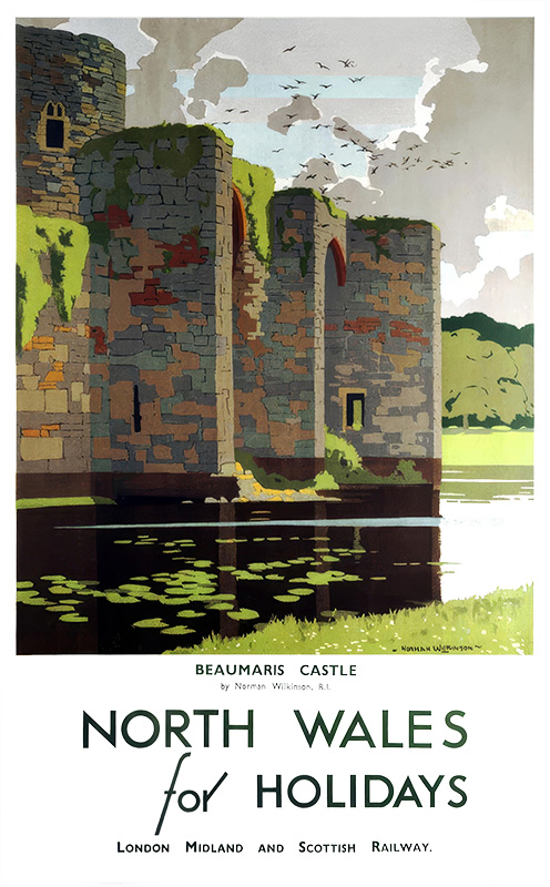 product-image Vintage North Wales travel poster of Beaumaris Castle by a waterway, with stone walls and arches, inviting you to enjoy memorable holidays via London Midland and Scottish Railway. Poster print available in A1 to A4 sizes.