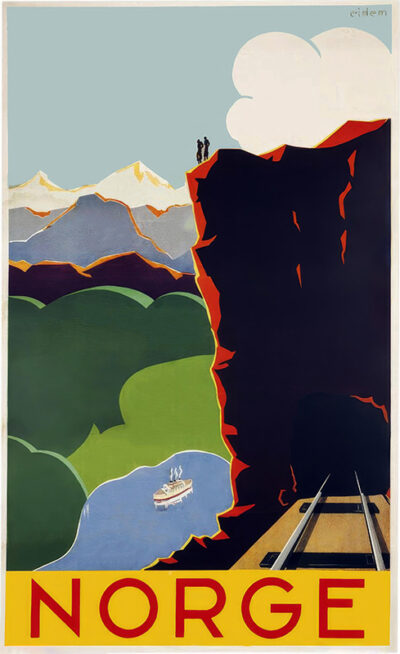 A stylized travel poster by Paul Lock Norge, 1935, shows two people on a cliff above a river with a boat, mountains in the background, and train tracks entering a dark tunnel; text reads Norge. Poster print available in A1 to A4 sizes.