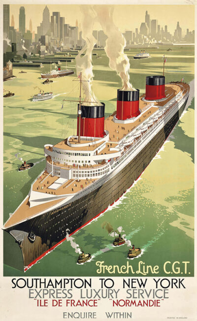 Vintage travel poster of an ocean liner with three red and black smokestacks sailing toward New York City, advertising French Line Normandie express luxury service. Artwork by Walter Thomas for the famed French Line C.G.T. Poster print available in A1 to A4 sizes.