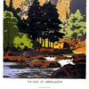 Vintage travel poster illustration of a river with rocks and trees, with mountains in the background. Text reads: The Pass of Aberglaslyn, Norman North Wales, British Railways. Poster print available in A1 to A4 sizes.