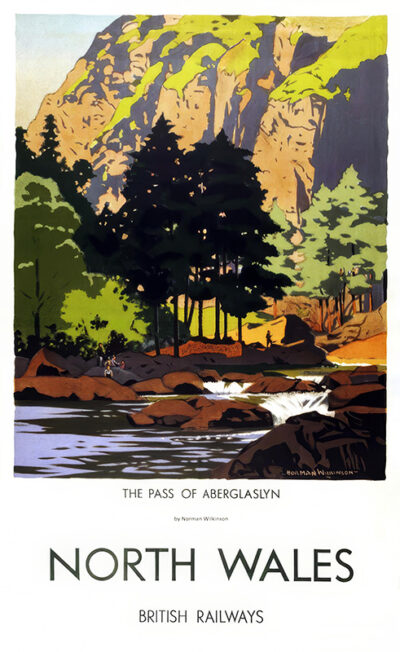 Vintage travel poster illustration of a river with rocks and trees, with mountains in the background. Text reads: The Pass of Aberglaslyn, Norman North Wales, British Railways. Poster print available in A1 to A4 sizes.