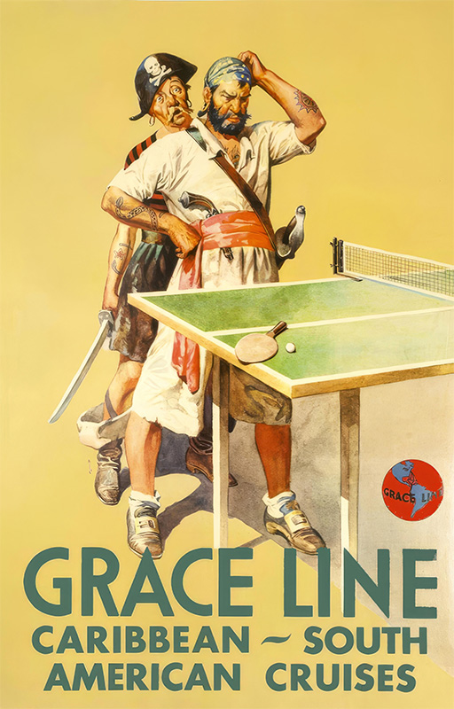 Two cartoon pirates stand next to a ping pong table, one scratching his head, on a vintage travel poster advertising Grace Line Caribbean and South American cruises. Poster print available in A1 to A4 sizes.