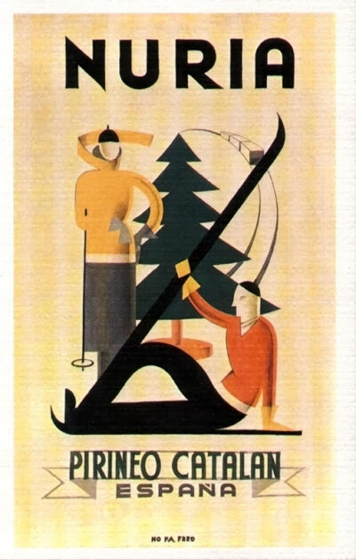 Vintage travel poster for Nuria in the Pirineo Catalán, España, featuring abstract figures with winter sports equipment and a pine tree in the background. Poster print available in A1 to A4 sizes.