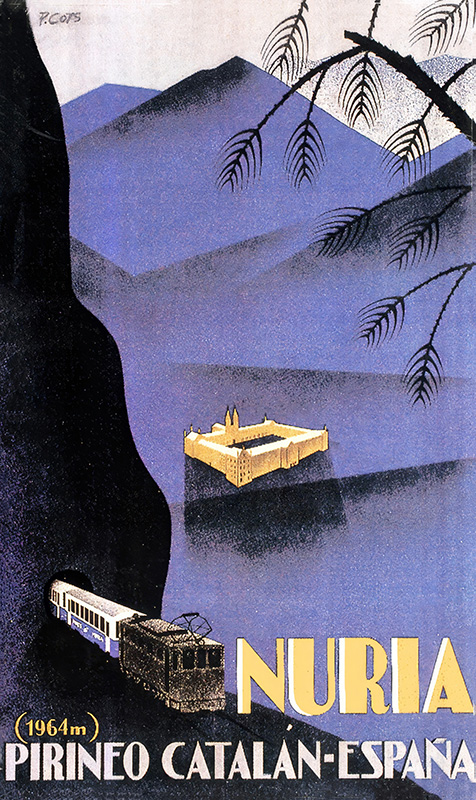 product-image Vintage Travel Poster showing a train approaching the Nuria Pirineo sanctuary in the Catalan Pyrenees, Spain, with stylized blue mountains and tree branches in the foreground. Text reads NURIA, COTS, and location details. Poster print available in A1 to A4 sizes.