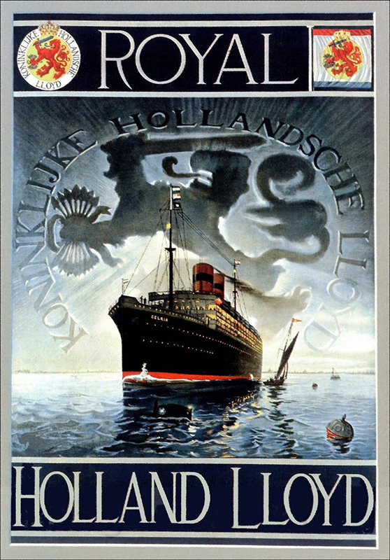 product-image Travel poster featuring a large black ocean liner at sea, with the text ROYAL HOLLAND LLOYD and a crest in the corners, celebrating the historic Hollandsche Lloyd line. Poster print available in A1 to A4 sizes.
