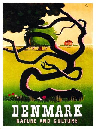 Stylized illustration of a tree with twisted branches in the foreground, two houses in a field, and text reading “DENMARK NATURE AND CULTURE” at the bottom, evoking the charm of a Vintage Travel Poster. Poster print available in A1 to A4 sizes.