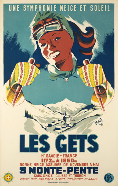 Vintage Les Gets travel poster from 1950, advertising the French ski resort. Features a smiling skier, mountain scenery, and a charming ski village. Text highlights resort details and elevation. Poster print available in A1 to A4 sizes.