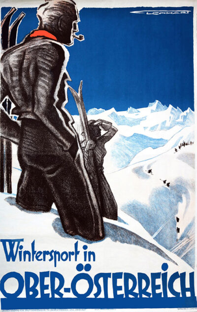 Vintage travel poster featuring two skiers in winter gear overlooking snowy mountains, with the bold text Wintersport in Ober-Österreich at the bottom. Poster print available in A1 to A4 sizes.