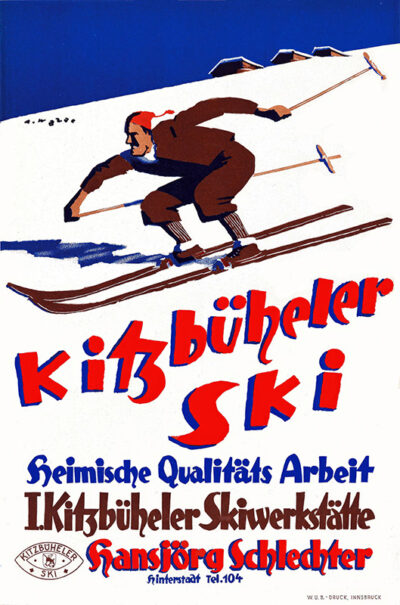 Vintage Ski Travel Poster of a skier in motion on snowy slopes, inspired by Alfons Walde, with bold red and blue text advertising Kitzbüheler Ski and a ski workshop by Hansjörg Schlechter. Poster print available in A1 to A4 sizes.