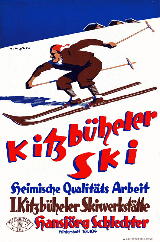 product-image Vintage Ski Travel Poster of a skier in motion on snowy slopes, inspired by Alfons Walde, with bold red and blue text advertising Kitzbüheler Ski and a ski workshop by Hansjörg Schlechter. Poster print available in A1 to A4 sizes.