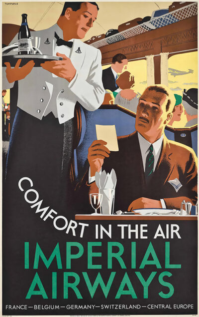 product-image A vintage airline poster from 1937 shows a waiter serving a well-dressed passenger on an airplane, with Comfort In The Air Imperial Airways and destinations listed below. Poster print available in A1 to A4 sizes.