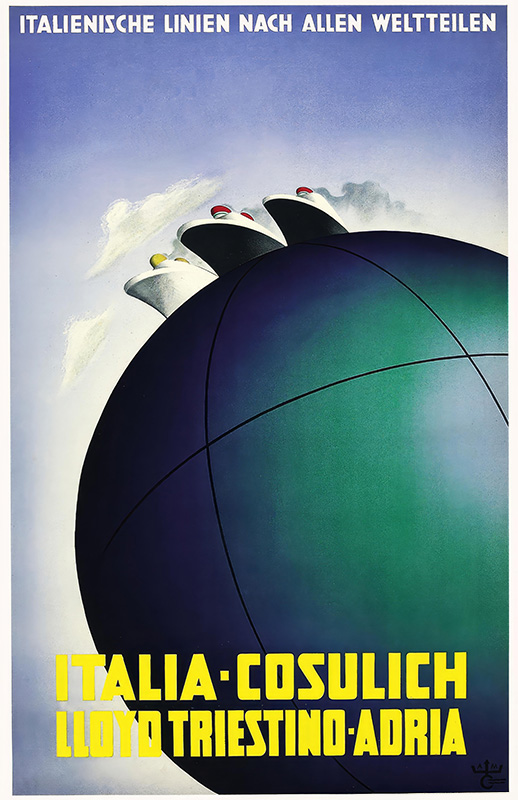 product-image 1936 travel poster featuring three ocean liners on a globe, advertising Italienische Linien: ITALIA–COSULICH LLOYD TRIESTINO–ADRIA; German text appears at the top and bottom. Poster print available in A1 to A4 sizes.