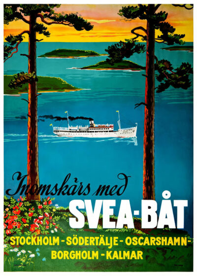 A white Svea-Båt steamship sails on blue water, framed by two pine trees, with Swedish island scenery in the background—an iconic view from a classic Stockholm Travel Poster, with travel destinations listed below. Poster print available in A1 to A4 sizes.
