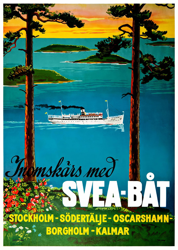 product-image A white Svea-Båt steamship sails on blue water, framed by two pine trees, with Swedish island scenery in the background—an iconic view from a classic Stockholm Travel Poster, with travel destinations listed below. Poster print available in A1 to A4 sizes.