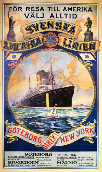 Vintage poster advertising Svenska Amerika Linien, showcasing a grand ocean liner at sea, flanked by the Statue of Liberty and Swedish monument, promoting direct travel from Göteborg to New York. Poster print available in A1 to A4 sizes.