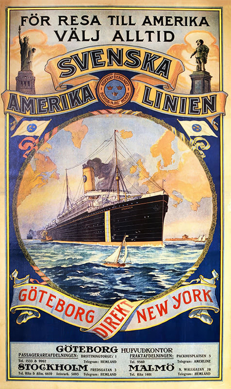 Vintage poster advertising Svenska Amerika Linien, showcasing a grand ocean liner at sea, flanked by the Statue of Liberty and Swedish monument, promoting direct travel from Göteborg to New York. Poster print available in A1 to A4 sizes.