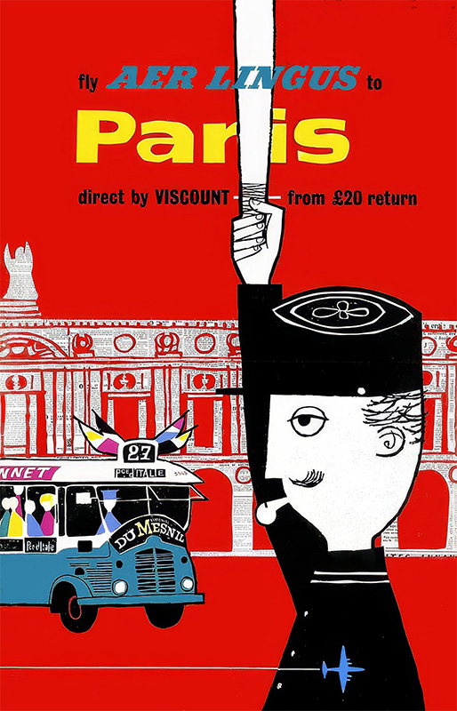 product-image Vintage 1956 Aer Lingus travel poster advertising flights to Paris, featuring a stylized Parisian guard, a bus, and bold text on a vivid red background—perfect for any Paris travel enthusiast or aviation collector. Poster print available in A1 to A4 sizes.