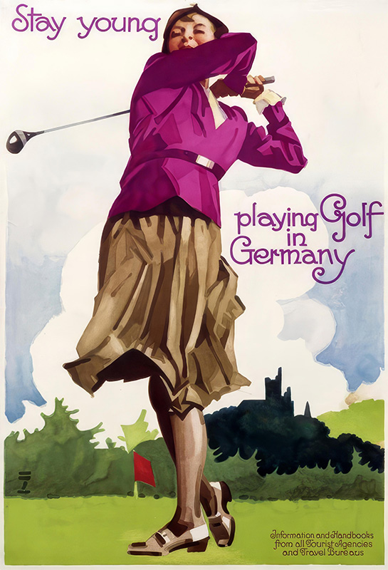 product-image A woman in a purple top and tan skirt swings a golf club on a lush course with the text Stay young playing Golf in Germany, styled like a vintage Travel Poster. Poster print available in A1 to A4 sizes.