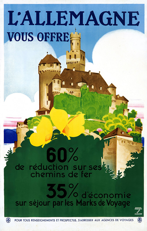 product-image A 1930 LAllemagne travel poster promotes Germany, featuring a castle on a hill with promotional discounts for railway travel and savings on stays using travel marks. Poster print available in A1 to A4 sizes.
