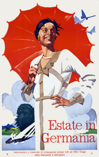 A woman holding a red umbrella stands in front of a blue sky with planes flying overhead in this 1930 Germania Travel Poster by HOHLWEIN Ludwig. The text reads Estate in Germania, promising summer adventure. Poster print available in A1 to A4 sizes.