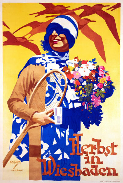 A woman in a blue and white outfit holds a tennis racket and a bouquet of flowers on this vintage-style 1930 Wiesbaden travel poster by HOHLWEIN Ludwig, with Herbst in Wiesbaden written at the bottom. Poster print available in A1 to A4 sizes.