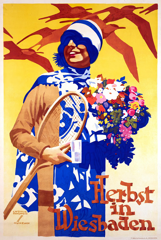 product-image A woman in a blue and white outfit holds a tennis racket and a bouquet of flowers on this vintage-style 1930 Wiesbaden travel poster by HOHLWEIN Ludwig, with Herbst in Wiesbaden written at the bottom. Poster print available in A1 to A4 sizes.