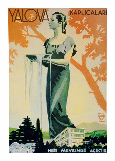 Vintage travel poster of a woman in a gown by flowing water, with trees, a building, and Turkish text reading “Yalova Kaplicalar” and “her mevsimde açıktır” featured in the background. Poster print available in A1 to A4 sizes.