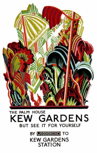 Art Deco-style 1926 travel poster featuring colourful, stylized palm leaves with text promoting the Palm House at Kew Gardens and urging visitors to travel via Underground to Kew Gardens station. Poster print available in A1 to A4 sizes.