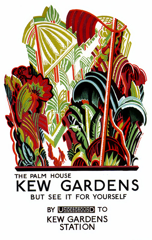 product-image Art Deco-style 1926 travel poster featuring colourful, stylized palm leaves with text promoting the Palm House at Kew Gardens and urging visitors to travel via Underground to Kew Gardens station. Poster print available in A1 to A4 sizes.