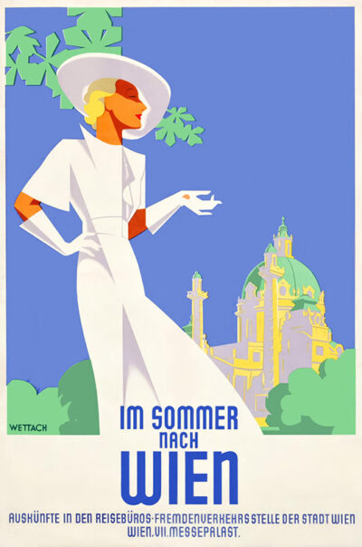 Art Deco style 1930s travel poster of a woman in white summer attire with the Karlskirche church in the background, promoting summer travel to Wien. Text in German. Poster print available in A1 to A4 sizes.