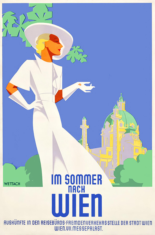 product-image Art Deco style 1930s travel poster of a woman in white summer attire with the Karlskirche church in the background, promoting summer travel to Wien. Text in German. Poster print available in A1 to A4 sizes.
