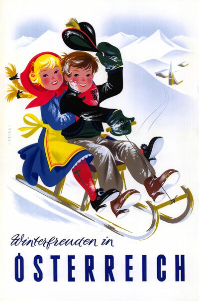 Travel Poster: Illustration of a smiling boy and girl in winter clothes riding a sled with snowy mountains, a small church, and the text Winterfreuden in Österreich in the background. Poster print available in A1 to A4 sizes.