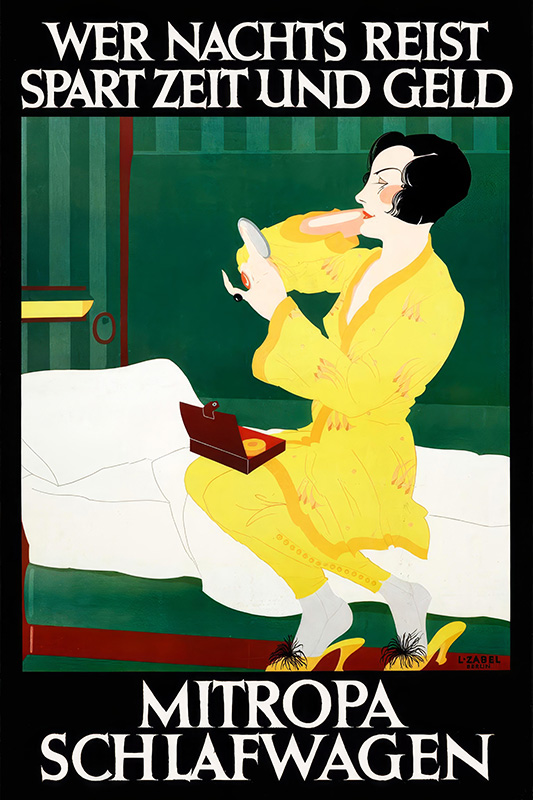 product-image A 1920s travel poster shows a woman in a yellow robe sitting on a bed applying makeup, with German text above and below promoting Mitropa Schlafwagen for saving time and money by traveling at night. Poster print available in A1 to A4 sizes.