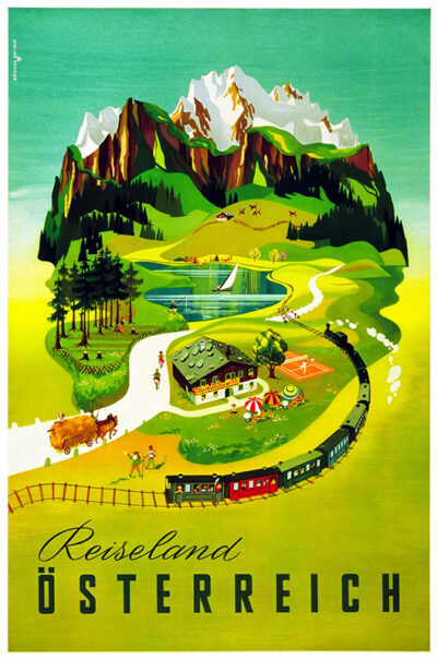 Vintage travel poster depicting a scenic Austrian landscape with mountains, a train, lake, farm, and people enjoying outdoor activities. Text reads Reiseland Österreich. Perfect for lovers of classic travel posters celebrating Österreich. Poster print available in A1 to A4 sizes.
