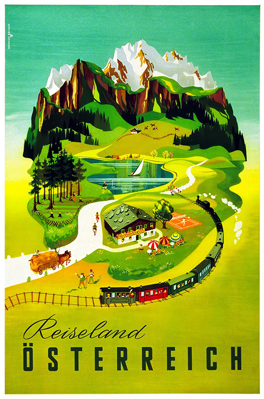 product-image Vintage travel poster depicting a scenic Austrian landscape with mountains, a train, lake, farm, and people enjoying outdoor activities. Text reads Reiseland Österreich. Perfect for lovers of classic travel posters celebrating Österreich. Poster print available in A1 to A4 sizes.