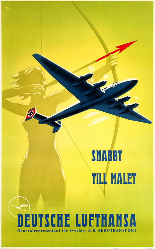 product-image A vintage Lufthansa travel poster by Willy Hanke shows a blue airplane soaring across a yellow background with a stylized archer, red arrow, and Swedish and German text promoting fast travel. Poster print available in A1 to A4 sizes.