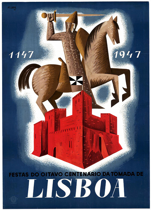 product-image Poster with a stylized knight on horseback above a red castle, celebrating the Oitavo Centenário Lisboa and the Tomada de Lisboa, with the years 1147 and 1947 displayed—a striking Travel Poster 1947 design. Poster print available in A1 to A4 sizes.